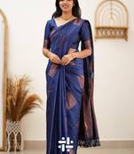 Blue soft silk blend banarasi jacuard work designer party wear saree with unstitched blouse piece