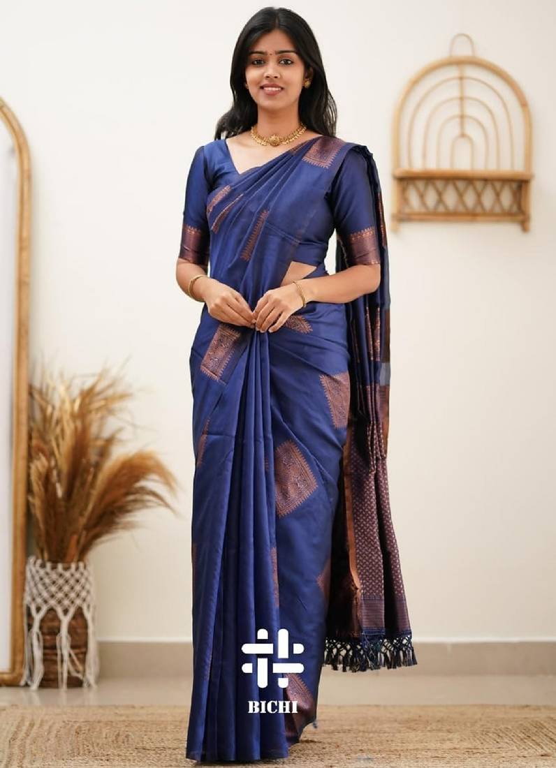 Blue soft silk blend banarasi jacuard work designer party wear saree with unstitched blouse piece