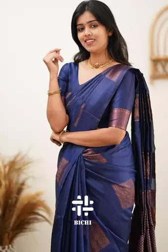 Blue silk blend banarasi saree with unstitched blouse piece