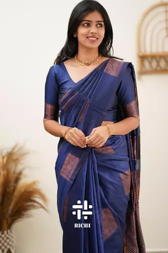 Blue silk blend banarasi saree with unstitched blouse piece
