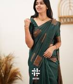 Green soft silk blend banarasi jacuard work designer party wear saree with unstitched blouse piece