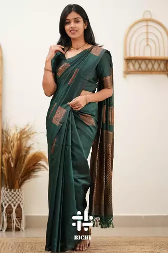Green silk blend banarasi saree with unstitched blouse piece