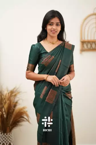 Green silk blend banarasi saree with unstitched blouse piece