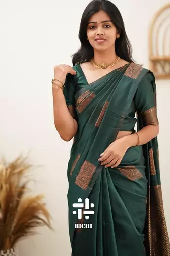 Green silk blend banarasi saree with unstitched blouse piece