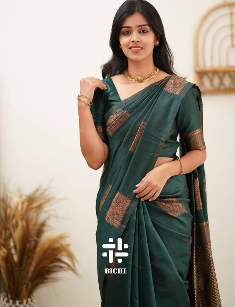 Green soft silk blend banarasi jacuard work designer party wear saree with unstitched blouse piece