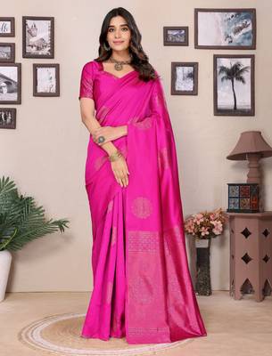 Pink silk blend banarasi saree with unstitched blouse piece 1