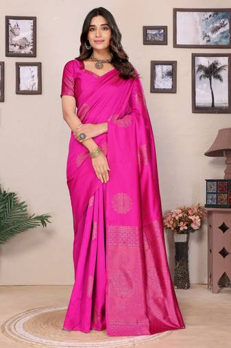Pink soft silk blend banarasi jacuard work designer party wear saree with unstitched blouse piece