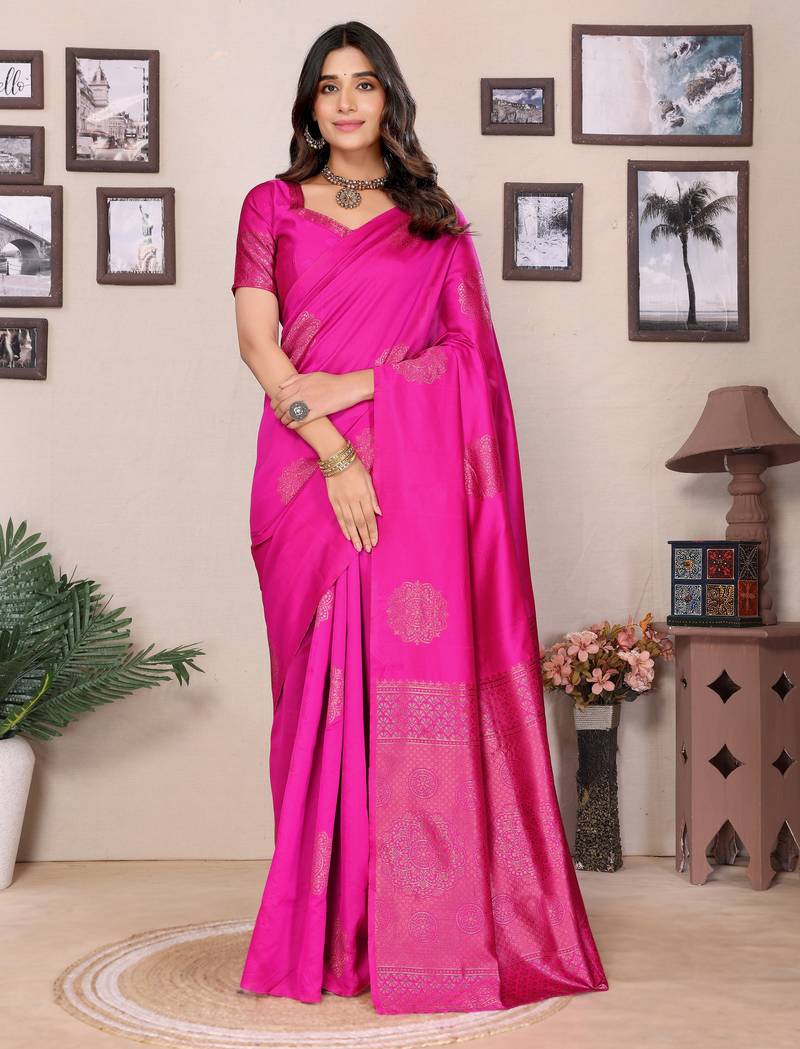 Pink soft silk blend banarasi jacuard work designer party wear saree with unstitched blouse piece
