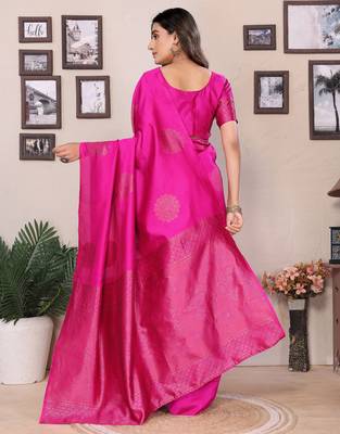 Pink silk blend banarasi saree with unstitched blouse piece 3