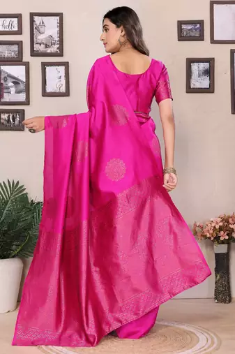 Pink silk blend banarasi saree with unstitched blouse piece