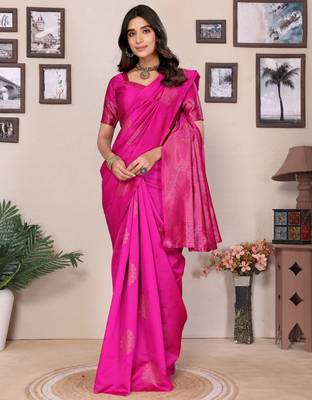 Pink silk blend banarasi saree with unstitched blouse piece 4