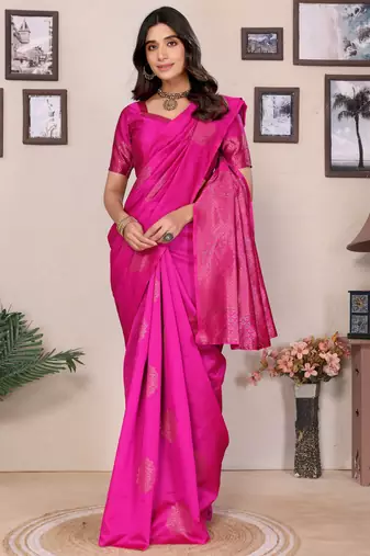 Pink silk blend banarasi saree with unstitched blouse piece