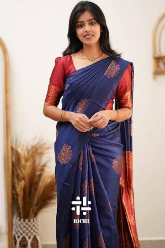 Blue red soft silk blend banarasi jacuard work designer party wear saree with unstitched blouse piece