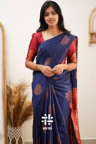 Blue red soft silk blend banarasi jacuard work designer party wear saree with unstitched blouse piece