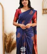 Blue red soft silk blend banarasi jacuard work designer party wear saree with unstitched blouse piece