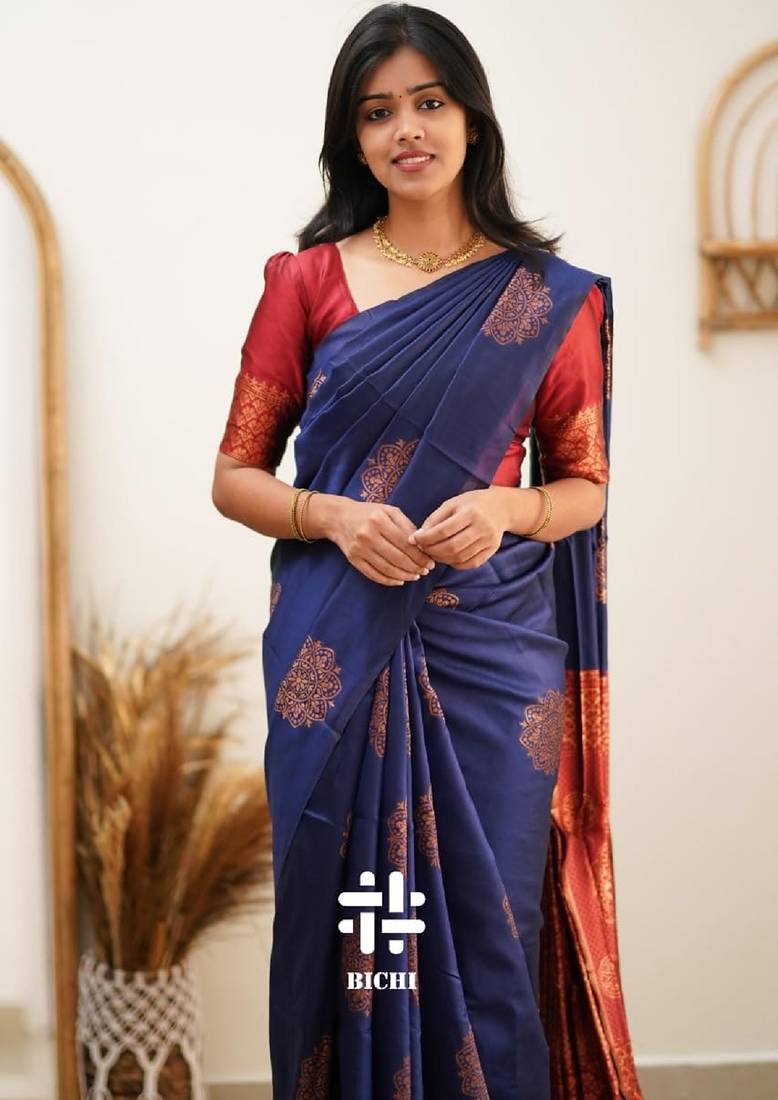 Blue red soft silk blend banarasi jacuard work designer party wear saree with unstitched blouse piece