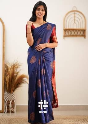 Blue red silk blend banarasi saree with unstitched blouse piece 2