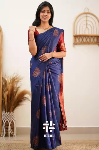 Blue red silk blend banarasi saree with unstitched blouse piece