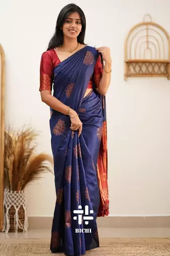 Blue red silk blend banarasi saree with unstitched blouse piece
