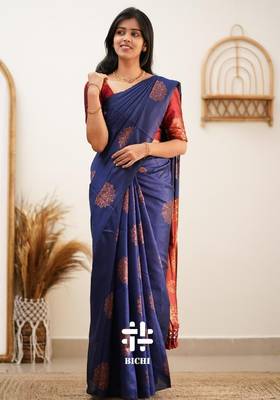 Blue red silk blend banarasi saree with unstitched blouse piece 5