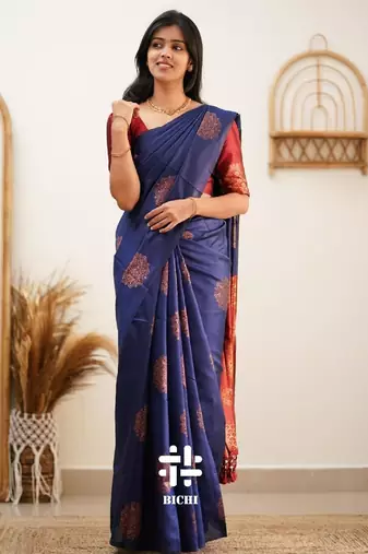 Blue red silk blend banarasi saree with unstitched blouse piece