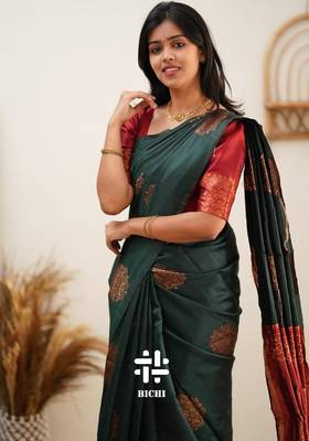 Green red silk blend banarasi saree with unstitched blouse piece 2