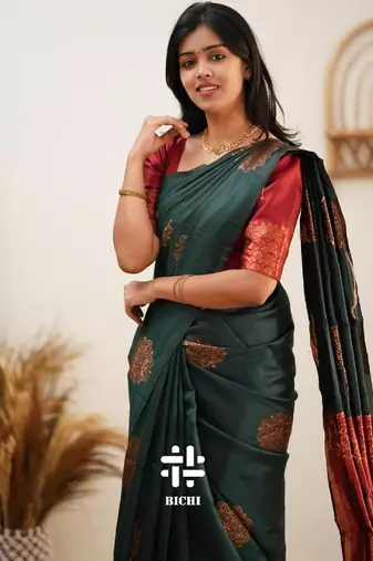 Green red silk blend banarasi saree with unstitched blouse piece