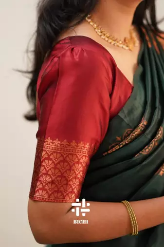 Green red silk blend banarasi saree with unstitched blouse piece