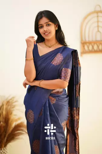 Blue soft silk blend banarasi jacuard work designer party wear saree with unstitched blouse piece