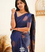 Blue soft silk blend banarasi jacuard work designer party wear saree with unstitched blouse piece