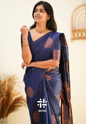 Blue silk blend banarasi saree with unstitched blouse piece 2