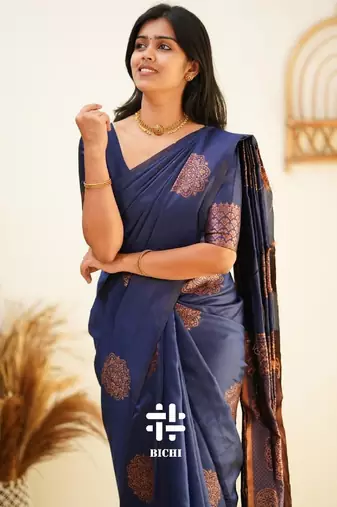 Blue silk blend banarasi saree with unstitched blouse piece