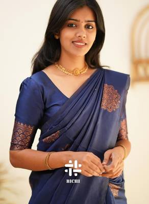 Blue silk blend banarasi saree with unstitched blouse piece 3