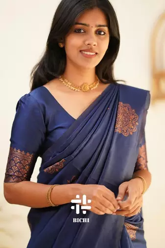 Blue silk blend banarasi saree with unstitched blouse piece