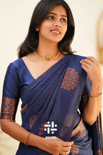 Blue silk blend banarasi saree with unstitched blouse piece