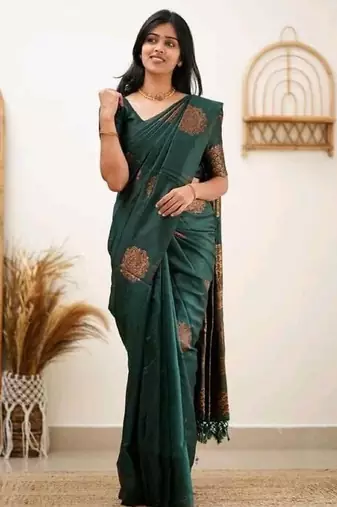 Green silk blend banarasi saree with unstitched blouse piece