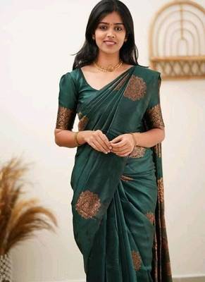 Green silk blend banarasi saree with unstitched blouse piece 4