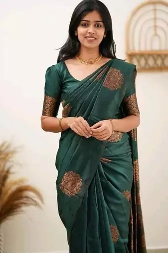 Green silk blend banarasi saree with unstitched blouse piece