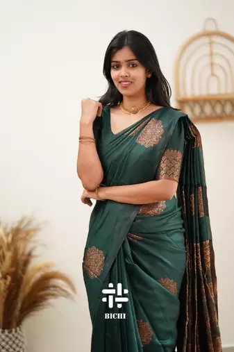 Green silk blend banarasi saree with unstitched blouse piece