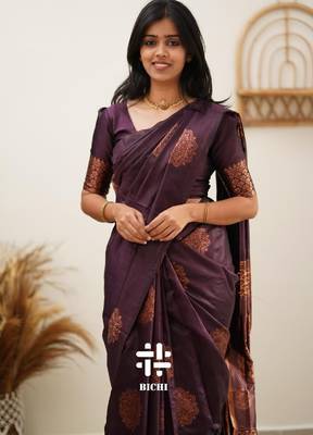 Wine silk blend banarasi saree with unstitched blouse piece 1