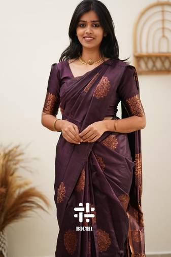 Wine soft silk blend banarasi jacuard work designer party wear saree with unstitched blouse piece