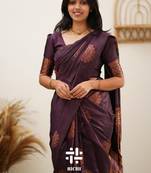 Wine soft silk blend banarasi jacuard work designer party wear saree with unstitched blouse piece