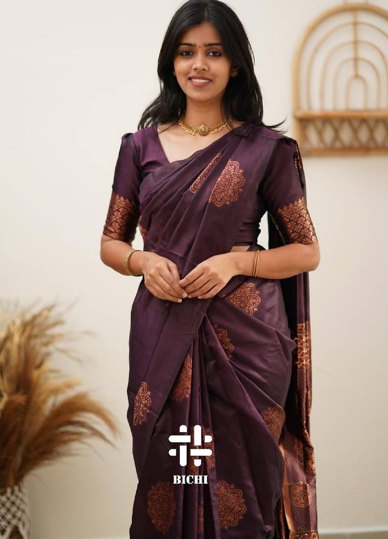 Wine soft silk blend banarasi jacuard work designer party wear saree with unstitched blouse piece