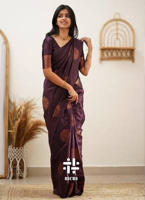 Wine silk blend banarasi saree with unstitched blouse piece 2