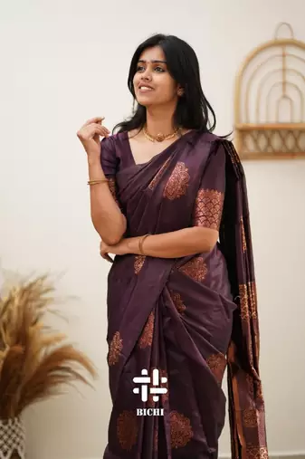 Wine silk blend banarasi saree with unstitched blouse piece