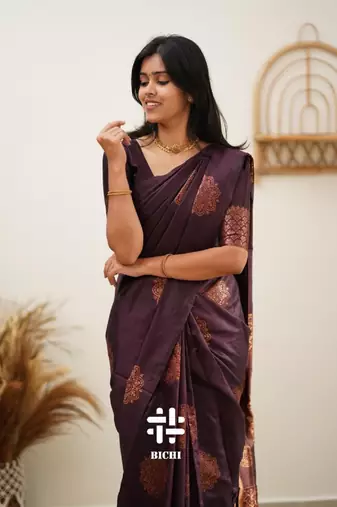 Wine silk blend banarasi saree with unstitched blouse piece