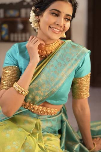 Sky lemon soft silk blend banarasi jacuard work designer party wear saree with unstitched blouse piece