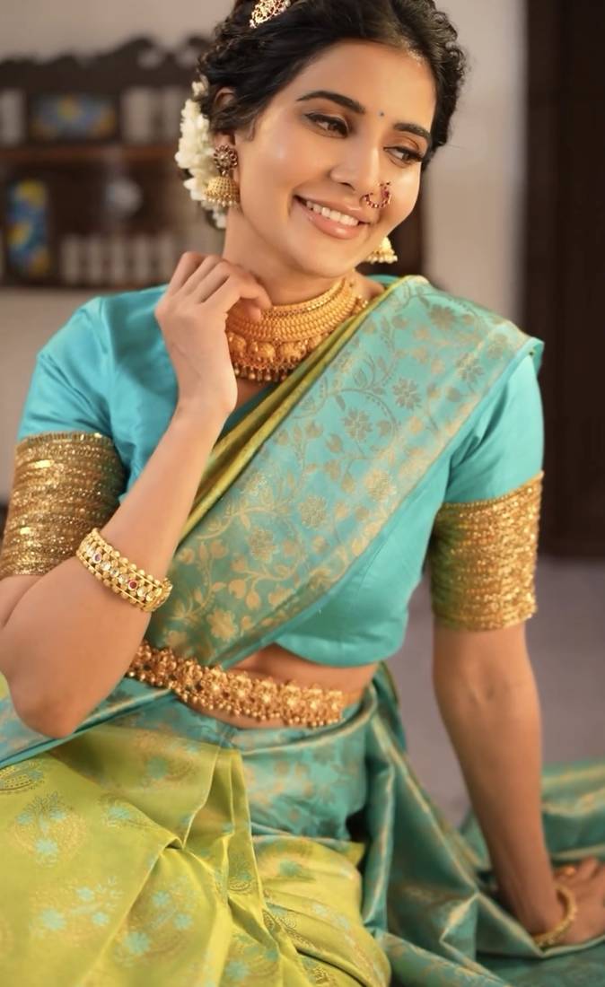 Sky lemon soft silk blend banarasi jacuard work designer party wear saree with unstitched blouse piece