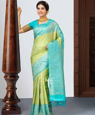 Sky lemon silk blend banarasi saree with unstitched blouse piece 2