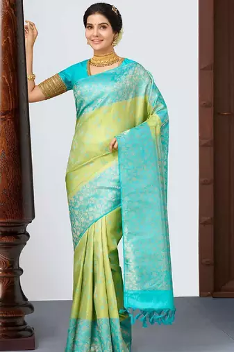 Sky lemon silk blend banarasi saree with unstitched blouse piece